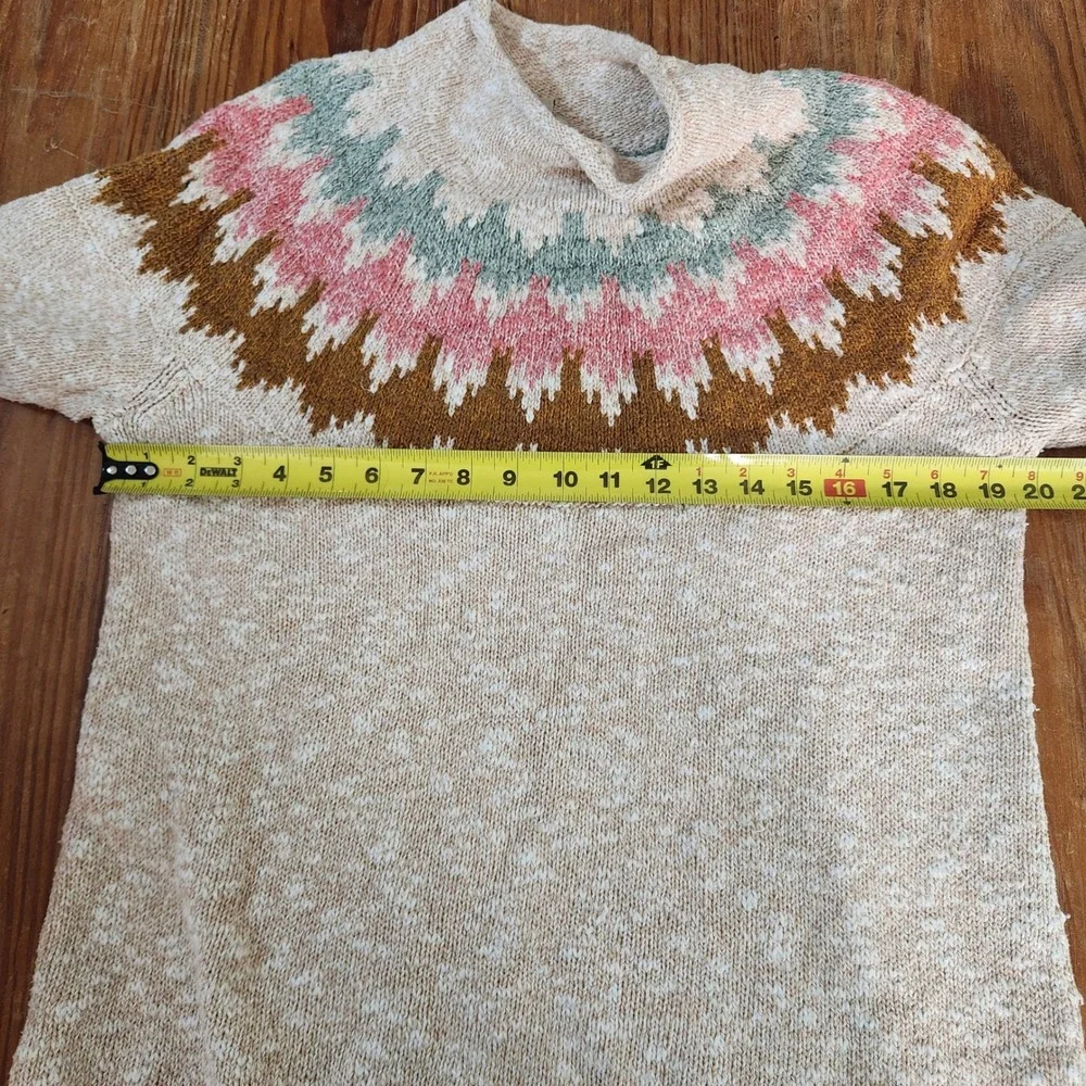 L.L. Bean Women's Cotton‎ Ragg Sweater Large Funnel Roll Neck Fair Isle Beige - Picture 3 of 11